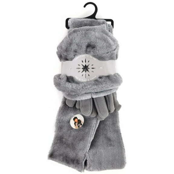 Women's Plush Charcoal Grey Faux Fur and Fleece Gloves Scarf Hat 3 Piece Winter Set