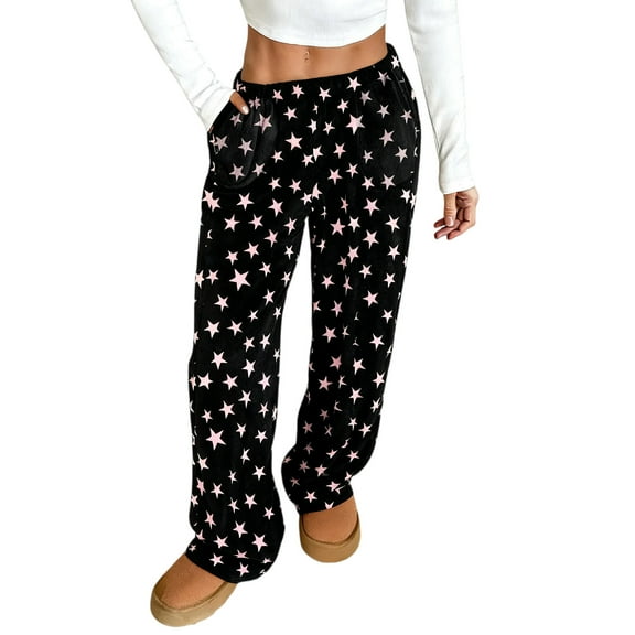 Women's Plush Christmas Pattern Pajama Pants Soft Elastic Waist with 2 Pockets, Black, XXL
