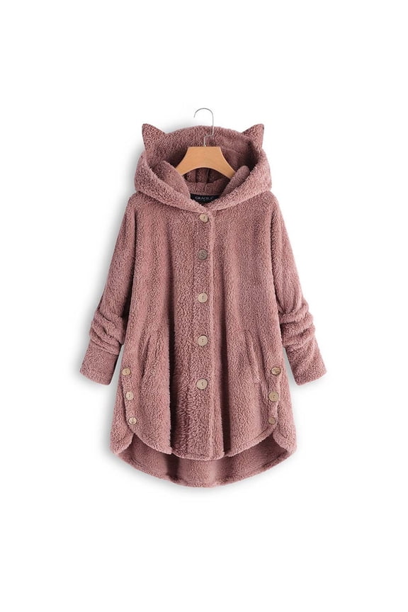 Women's Plush Coat with Cat Ear Hood, Solid Color Long Sleeve Jacket, Soft Warm Winter Outerwear, Cozy Single Breasted Closure Coat, Cute Animal Ear Design Plush Jacket for Women Pink S