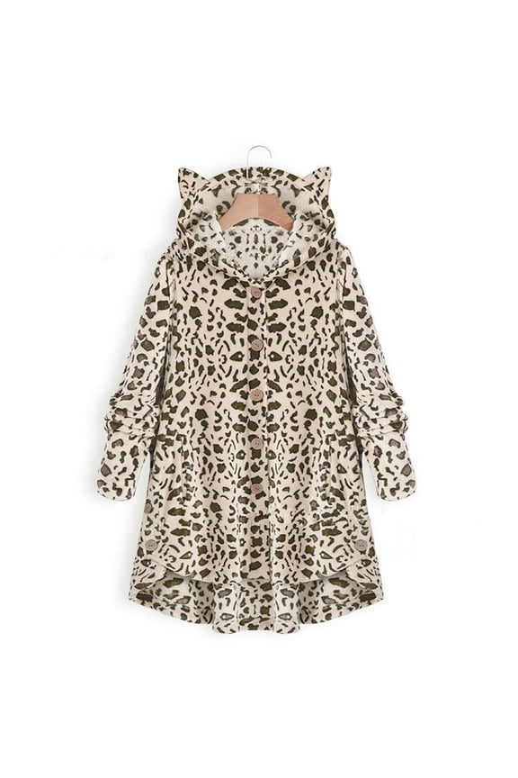 Women's Plush Coat with Cat Ear Hood, Solid Color Long Sleeve Jacket, Soft Warm Winter Outerwear, Cozy Single Breasted Closure Coat, Cute Animal Ear Design Plush Jacket for Women Beige L