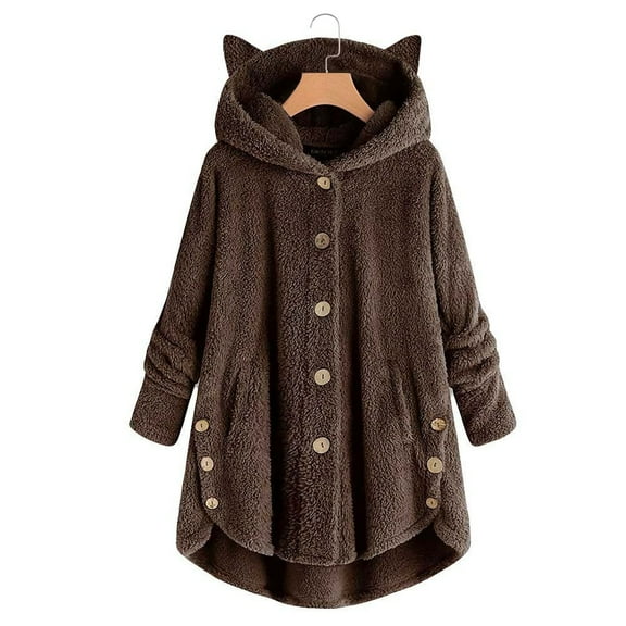 Women's Plush Coat with Cat Ear Hood, Solid Color Long Sleeve Jacket, Soft Warm Winter Outerwear, Cozy Single Breasted Closure Coat, Cute Animal Ear Design Plush Jacket for Women Coffee XL