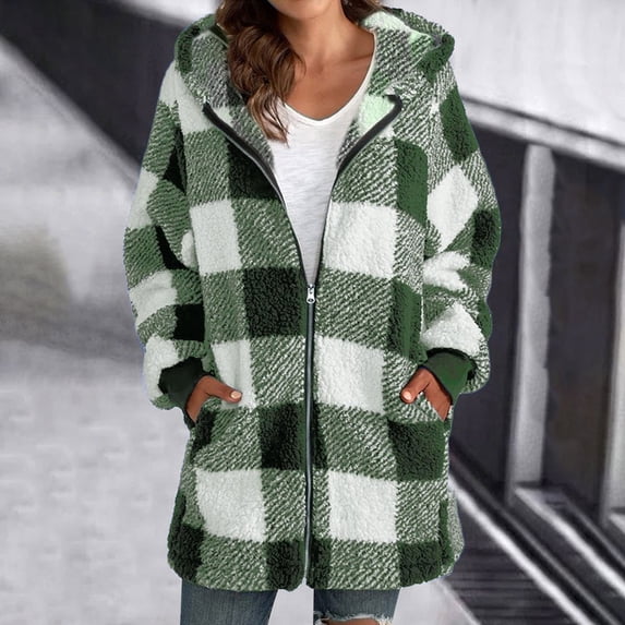 Women's Plush Coat, Hooded Long Sleeve Plaid Zipper Jacket with Pockets, Loose Fit Fleece Lined Outerwear for Winter Casual Style and Warmth-GN2
