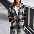 thumbnail image 1 of Women's Plush Coat, Hooded Long Sleeve Plaid Zipper Jacket with Pockets, Loose Fit Fleece Lined Outerwear for Winter Casual Style and Warmth-Gray, 1 of 5