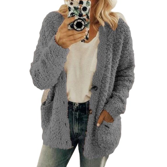 Women's Plush Coat Long Sleeves Single-breasted Jacket with Pockets Solid Color Thicken Warm Plush Coat for Autumn Winter Work Daily Wear