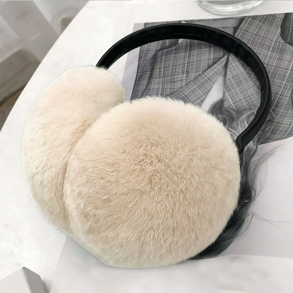 Women's Plush Faux Fur Earmuffs, Adjustable Thermal Ear Warmers for Winter, Foldable Soft Ear Protection with Stretchable Headband, Cozy Ear Muffs for Outdoor Activities - Beige