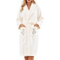 thumbnail image 1 of Women's Plush Fleece Bathrobe with Embroidery - Thick Long Sleeve Shawl Collar Robe with Belt and Pockets, Absorbent Mid-Length Lounge Wear for Winter, 1 of 4