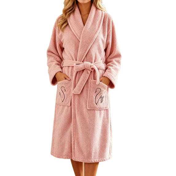 Women's Plush Fleece Bathrobe with Embroidery - Thick Long Sleeve Shawl Collar Robe with Belt and Pockets, Absorbent Mid-Length Lounge Wear for Winter