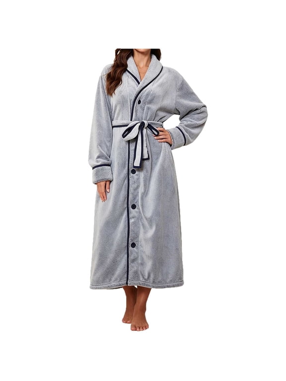 Women's Plush Fleece Bathrobe Long Sleeve Winter Warm Robe with Pockets Button Down Wrap Sleepwear