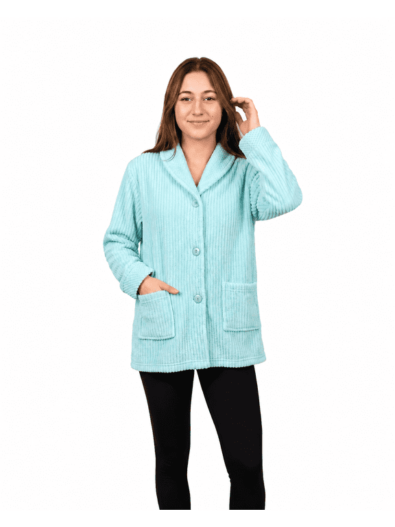 Women's Plush Fleece Bed Jacket Soft Button Front House Coat with Pockets, Long Sleeve Shawl Collar