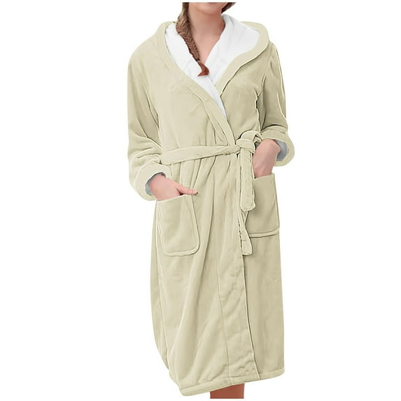Women's Plush Fleece Hooded Bathrobe, Long Length Belted Robe, Soft Cozy Loungewear, Spa Style Open Front Gown, Comfortable Warm Pockets Robe Beige L