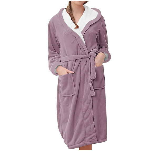 Women's Plush Fleece Hooded Bathrobe, Long Length Belted Robe, Soft Cozy Loungewear, Spa Style Open Front Gown, Comfortable Warm Pockets Robe Pink L
