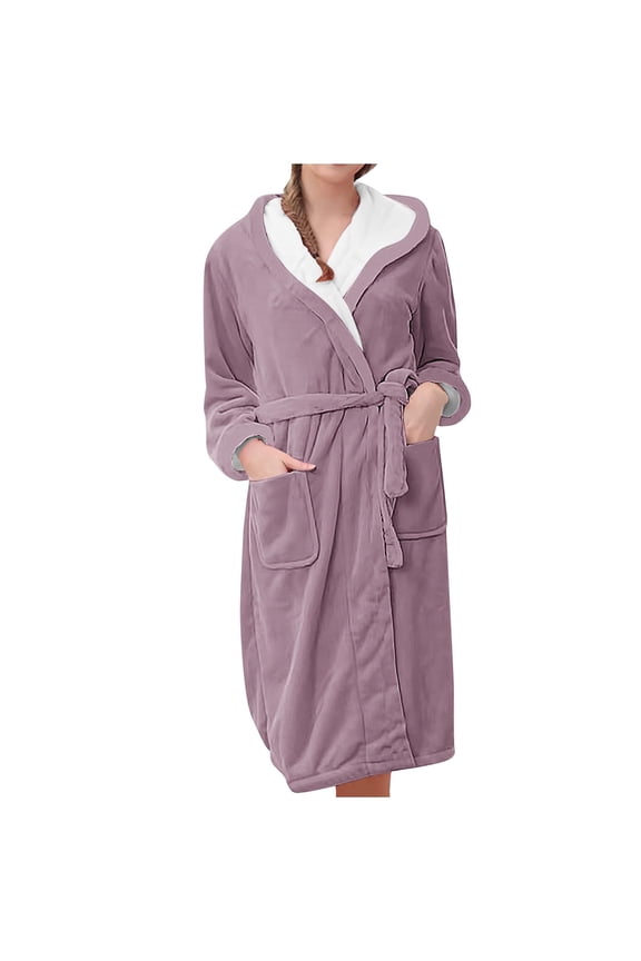 Women's Plush Fleece Hooded Bathrobe, Long Length Belted Robe, Soft Cozy Loungewear, Spa Style Open Front Gown, Comfortable Warm Pockets Robe Pink M