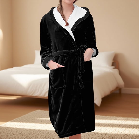 Women's Plush Fleece Hooded Bathrobe, Long Length BeltedRobe, Soft Cozy Loungewear, Spa Style Gown, Comfortable Open FrontRobe with Pockets Black XXXL