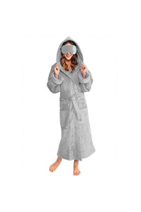 Women's Plush Fleece Hooded Bathrobe, Long Length Spa Robe with Pockets and Matching Sleep Mask, Soft Warm Loungewear, Cozy Adjustable Belt Robe Set Grey S
