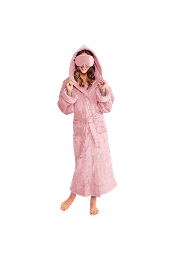 Women's Plush Fleece Hooded Bathrobe, Long Length Spa Robe with Pockets and Matching Sleep Mask, Soft Warm Loungewear, Cozy Adjustable Belt Robe Set Pink M