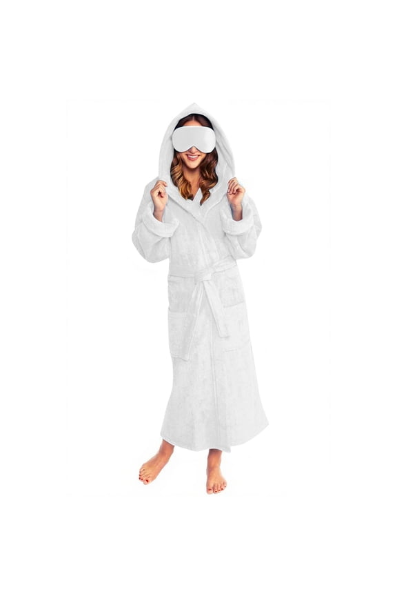 Women's Plush Fleece Hooded Bathrobe, Long Length Spa Robe with Pockets and Matching Sleep Mask, Soft Warm Loungewear, Cozy Adjustable Belt Robe Set White S