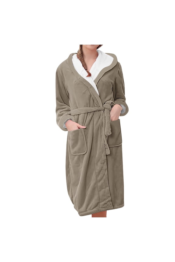 Women's Plush Fleece Hooded Bathrobe, Long Length Wrap AroundRobe, Soft Cozy Loungewear, Hotel Style Gown, Comfortable Spa Robe with Pockets Khaki M