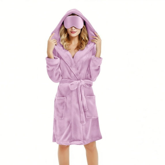 Women's Plush Fleece Hooded Knee Length Robe Set, Soft Bathrobe with Pockets and Sleep Mask, Cozy Loungewear, Warm Spa Robe with Adjustable Belt, Matching Eye Mask Included Purple M