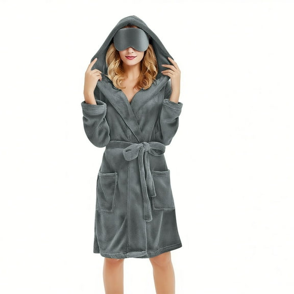 Women's Plush Fleece Hooded Knee Length Robe Set, Soft Bathrobe with Pockets and Sleep Mask, Cozy Loungewear, Warm Spa Robe with Adjustable Belt, Matching Eye Mask Included Dark Gray M