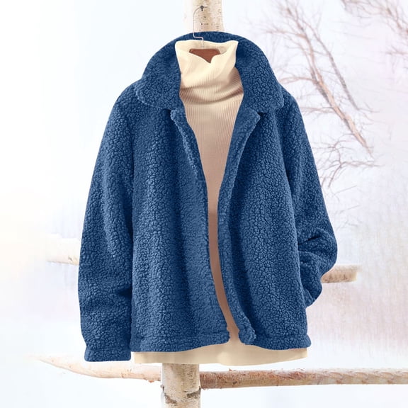Women's Plush Fleece Jacket, Soft Warm Longline Coat, Solid Color Casual Outerwear, Relaxed Fit Comfortable Lounge Wear, Lightweight Thermal Winter Layer Blue XXL