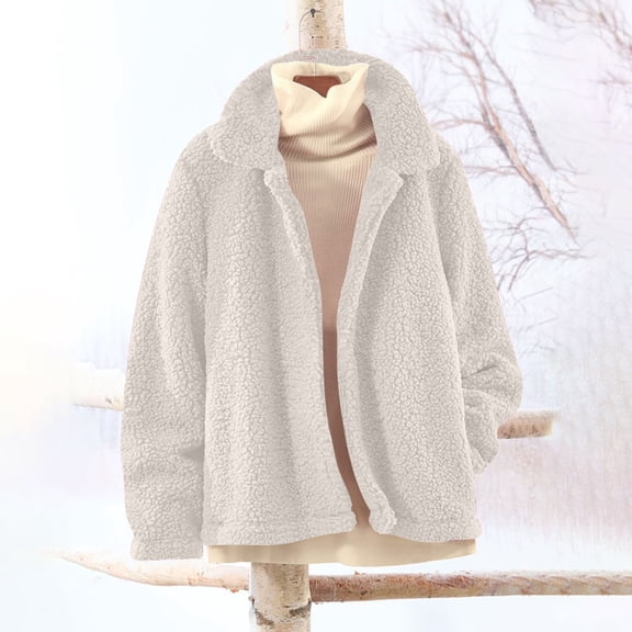 Women's Plush Fleece Jacket, Soft Warm Longline Coat, Solid Color Casual Outerwear, Relaxed Fit Comfortable Lounge Wear, Lightweight Thermal Winter Layer White S