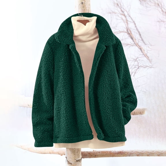 Women's Plush Fleece Jacket, Soft Warm Longline Coat, Solid Color Casual Outerwear, Relaxed Fit Comfortable Lounge Wear, Lightweight Thermal Winter Layer Green S