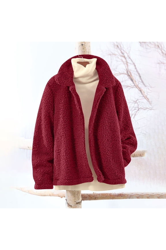 Women's Plush Fleece Jacket, Soft Warm Longline Coat, Solid Color Casual Outerwear, Relaxed Fit Comfortable Lounge Wear, Lightweight Thermal Winter Layer Red L