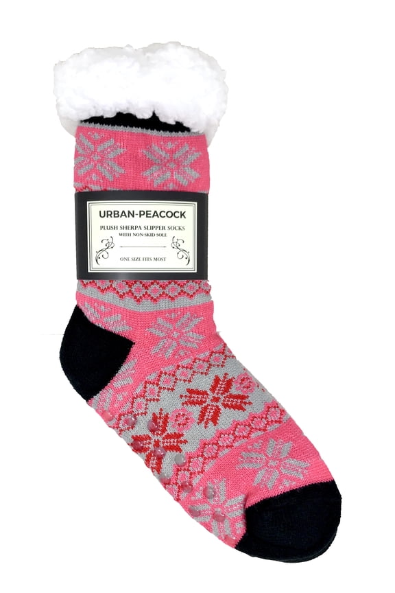 Women's Plush Fleece Lined Cozy Sherpa Gripper Slipper Socks - Pink, Gray & Black