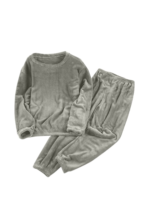 Women’s Plush Fleece Pajama Set Crewneck Pullover Top and Long Pants Soft Warm Winter Thermal Sleepwear Loose Fit 2 Piece Set with Pockets,Khaki,S