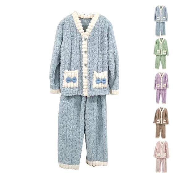Women's Plush Fleece Pajama Set,Soft Jacquard Pajamas for Women Cozy Lounge Sleepwear,Blue One Size