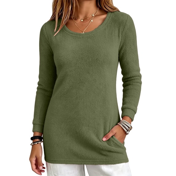 Women's Plush Fleece Pullover Sweater, Loose Fit Crewneck Long Sleeve Fuzzy Top, Soft Cozy Casual Sweatshirt for Fall Winter Daily Wear Green