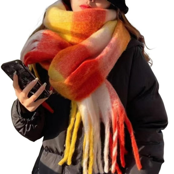 Women's Plush Fleece Scarf, Heavyweight Oversized Cozy Winter Scarf with Soft Brushed Fabric, Luxurious Fluffy Pulled Wool Scarf for Cold Weather, Warm Lazy Style Solid Color Scarf for Women - Orange