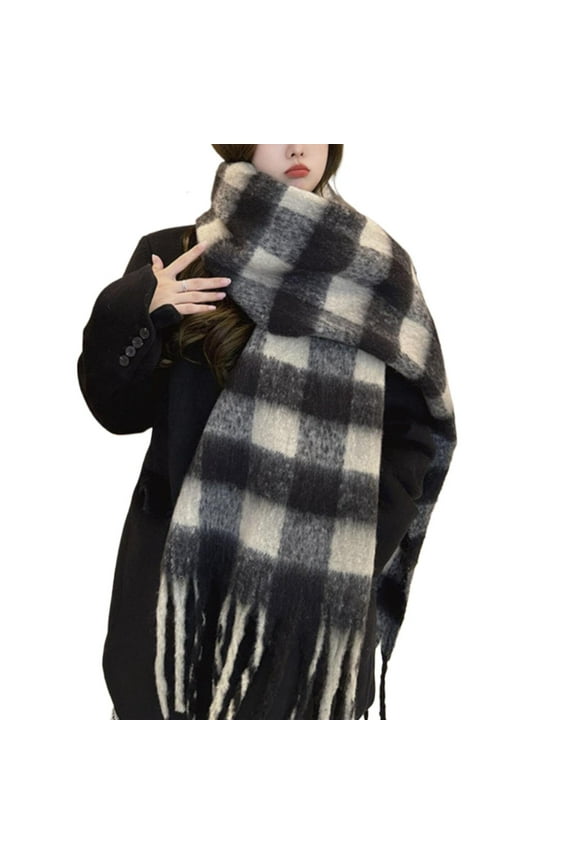 Women's Plush Fleece Scarf, Heavyweight Oversized Cozy Winter Scarf with Soft Brushed Fabric, Luxurious Fluffy Pulled Wool Scarf for Cold Weather, Warm Lazy Style Solid Color Scarf for Women - Black1
