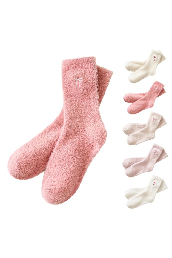 Women's Plush Fleece Socks Korean Style Bow Decorated Mid Calf for Home and Sleep Warmth