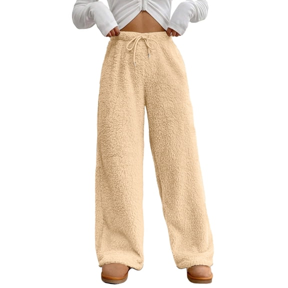 Women’s Plush Fleece Wide Leg Lounge Pants Drawstring Waist Relaxed Fit Soft Sherpa Pajama Bottoms for Home Wear