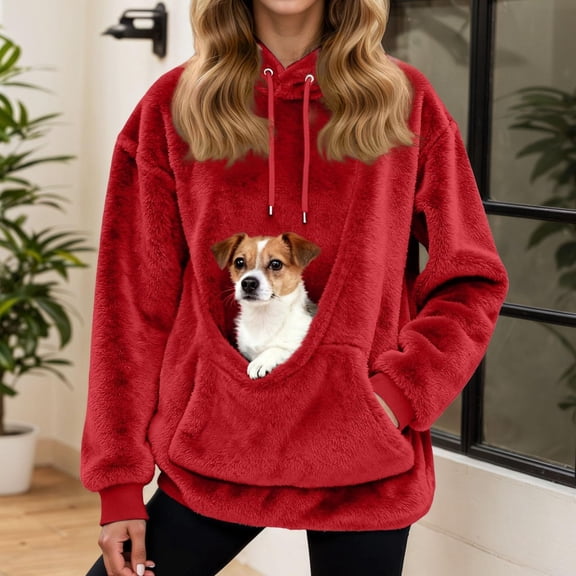 Women's Plush Front Pet Carrier Hoodie, Kangaroo Pocket Cat Mom Sweatshirt, Soft Fleece Lined Hooded Sweater, Cozy Animal Lover Pullover, Fun Pet Holding Hoodie, Winter Warm Top Red XL