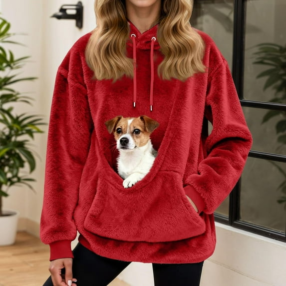 Women's Plush Front Pet Carrier Hoodie, Kangaroo Pocket Cat Mom Sweatshirt, Soft Fleece Lined Hooded Sweater, Cozy Animal Lover Pullover, Fun Pet Holding Hoodie, Winter Warm Top Red S