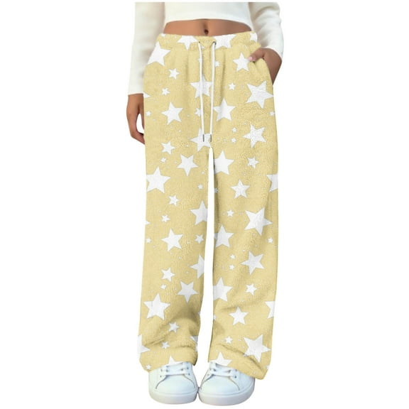 Women's Plush Fuzzy Pajama Pants Warm Cozy Pj Bottoms Star Shiny Print Drawstring Lounge Pants Fleece Sweatpants Fluffy Sleepwear