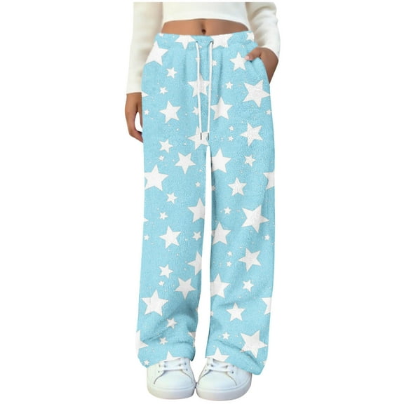 Women's Plush Fuzzy Pajama Pants Warm Cozy Pj Bottoms Star Shiny Print Drawstring Lounge Pants Fleece Sweatpants Fluffy Sleepwear