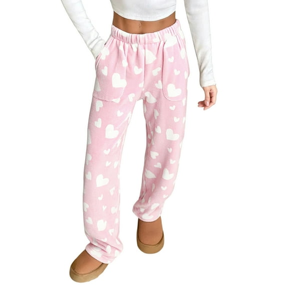 Women's Plush Heart Pattern Pajama Pants Soft Elastic Waist with 2 Pockets, Pink, XXXL