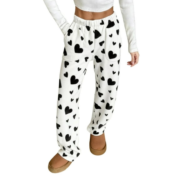 Women's Plush Heart Pattern Pajama Pants Soft Elastic Waist with 2 Pockets, White, S