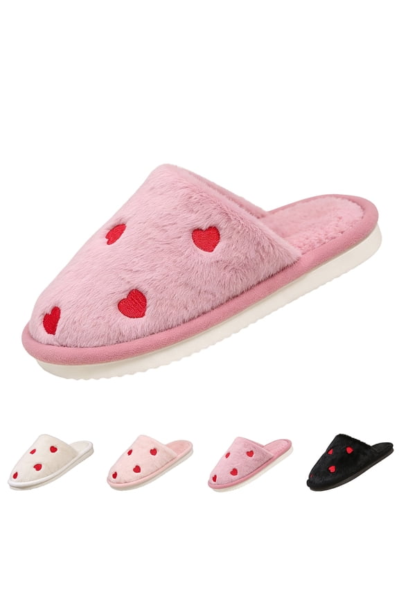 Women‘s Plush Heart Print Slippers, Closed Toe Open Back Mule House Shoes, Soft Cushioned Indoor Footwear for Home Comfort (1 Pair)