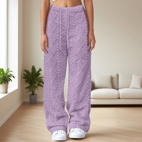 Women's Plush High Waist Warm Casual Trousers, Fleece Lined Winter Pants with Pockets, Wide Leg Loose Fit Thermal Lounge Pants for Casual Wear, Outdoor Activities, and Cold Weather Protection Purple