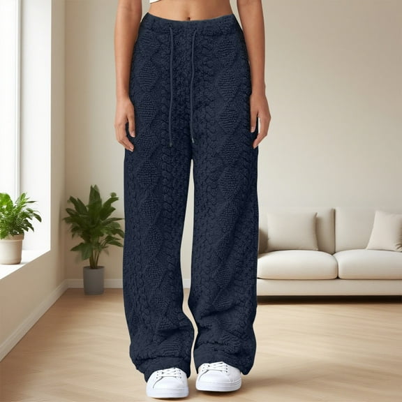 Women's Plush High Waist Warm Casual Trousers, Fleece Lined Winter Pants with Pockets, Wide Leg Loose Fit Thermal Lounge Pants for Casual Wear, Outdoor Activities, and Cold Weather Protection Navy S