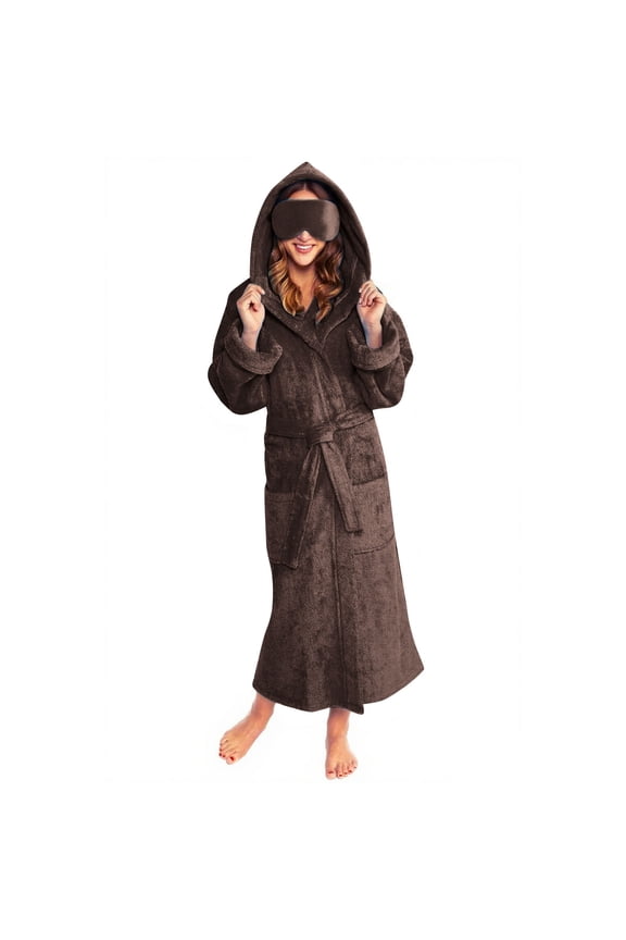 Women's Plush Hooded Fleece Bathrobe with Pockets and Eye Mask Winter Warm Fuzzy Flannel Robe Spa Kimono Full Length Shower Robe Soft Nightgown