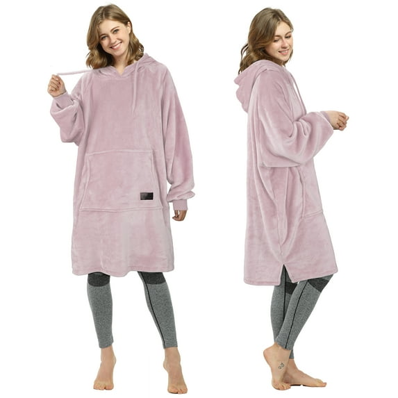 Women’s Plush Hoodie Sweatshirt Dress, Casual Pullover Sweater with Kangaroo Pocket, One Size