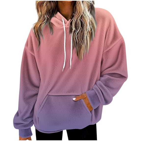 Women's Plush Hoodie Warmth Outfits Fashion Gradient Color Pullover Top Oversize Loose Drop Shoulder Hooded Sweatshirt Casual Long Sleeve Pocket Drawstring Hood