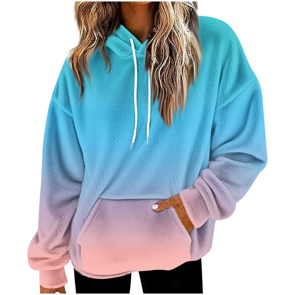 Women's Plush Hoodie Warmth Outfits Fashion Gradient Color Pullover Top Oversize Loose Drop Shoulder Hooded Sweatshirt Casual Long Sleeve Pocket Drawstring Hood