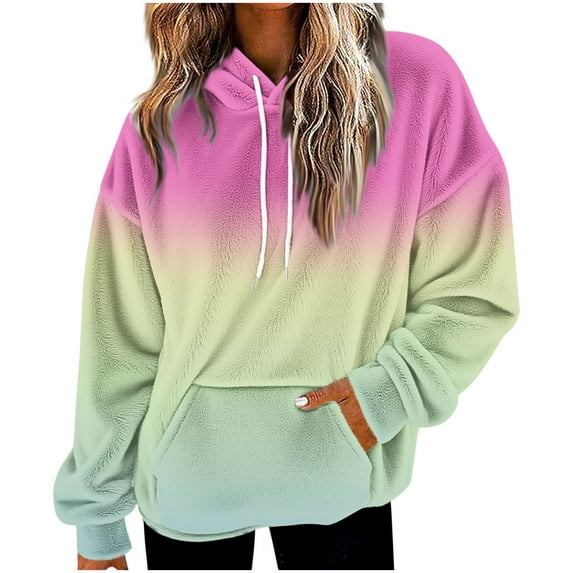 Women's Plush Hoodie Warmth Outfits Fashion Gradient Color Pullover Top Oversize Loose Drop Shoulder Hooded Sweatshirt Casual Long Sleeve Pocket Drawstring Hood