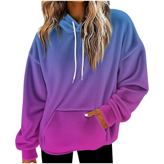 Women's Plush Hoodie Warmth Outfits Fashion Gradient Color Pullover Top Oversize Loose Drop Shoulder Hooded Sweatshirt Casual Long Sleeve Pocket Drawstring Hood